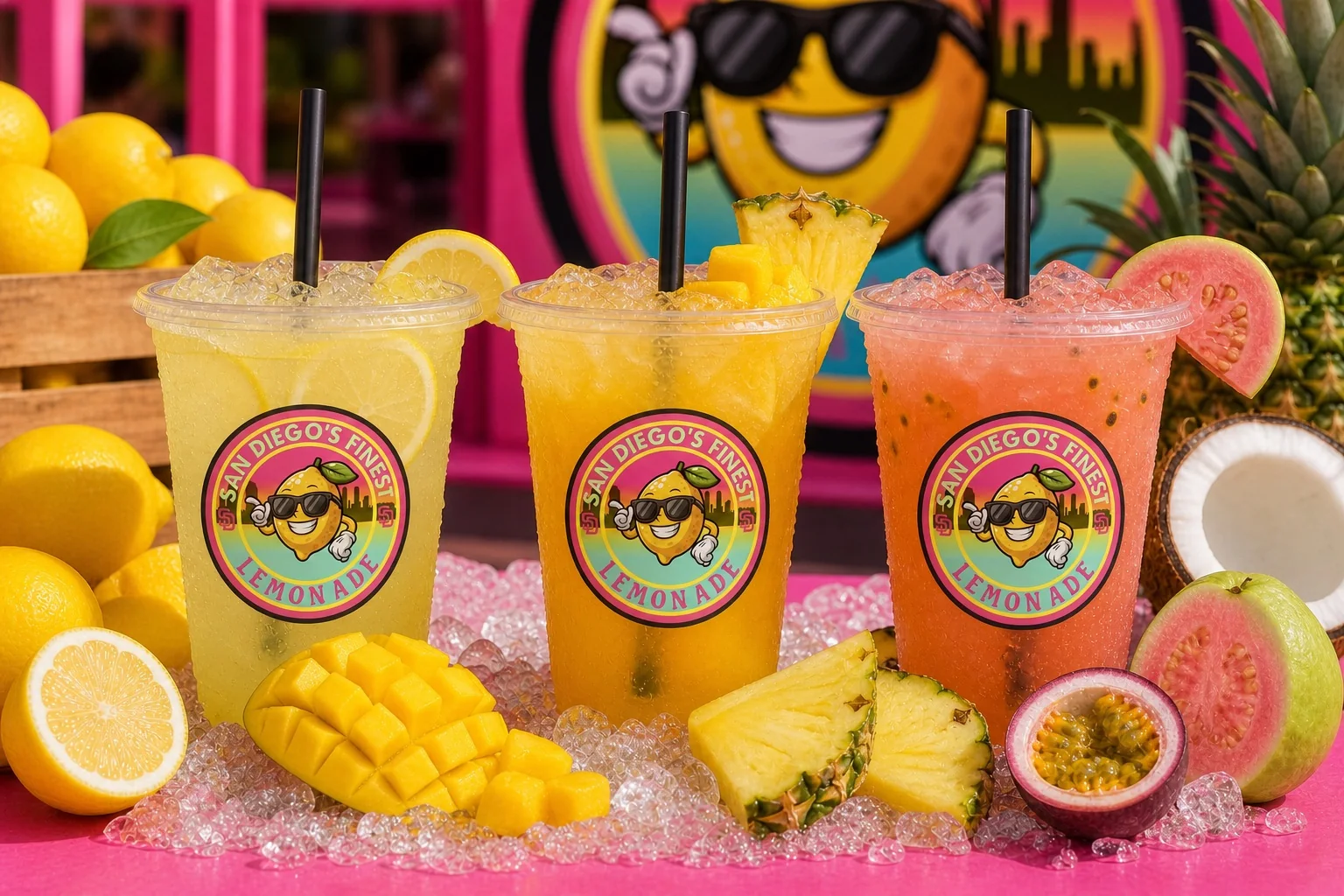 Original and tropical lemonade cups with pineapple and mango