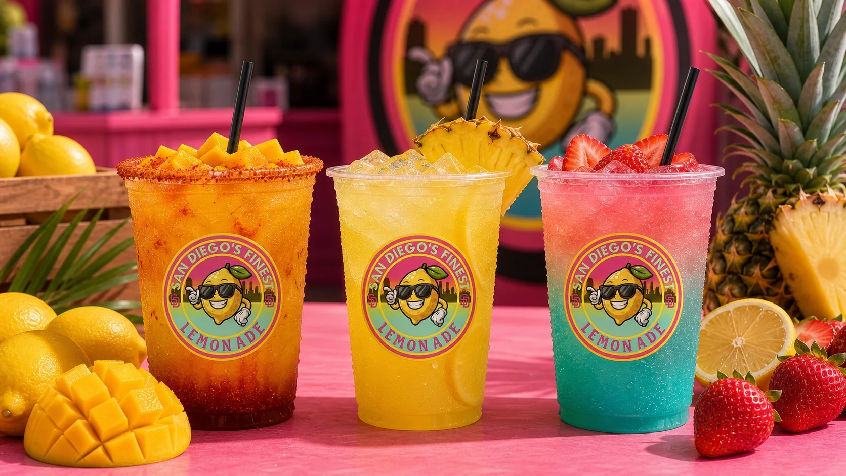 Colorful specialty lemonade drinks with fruit and spice