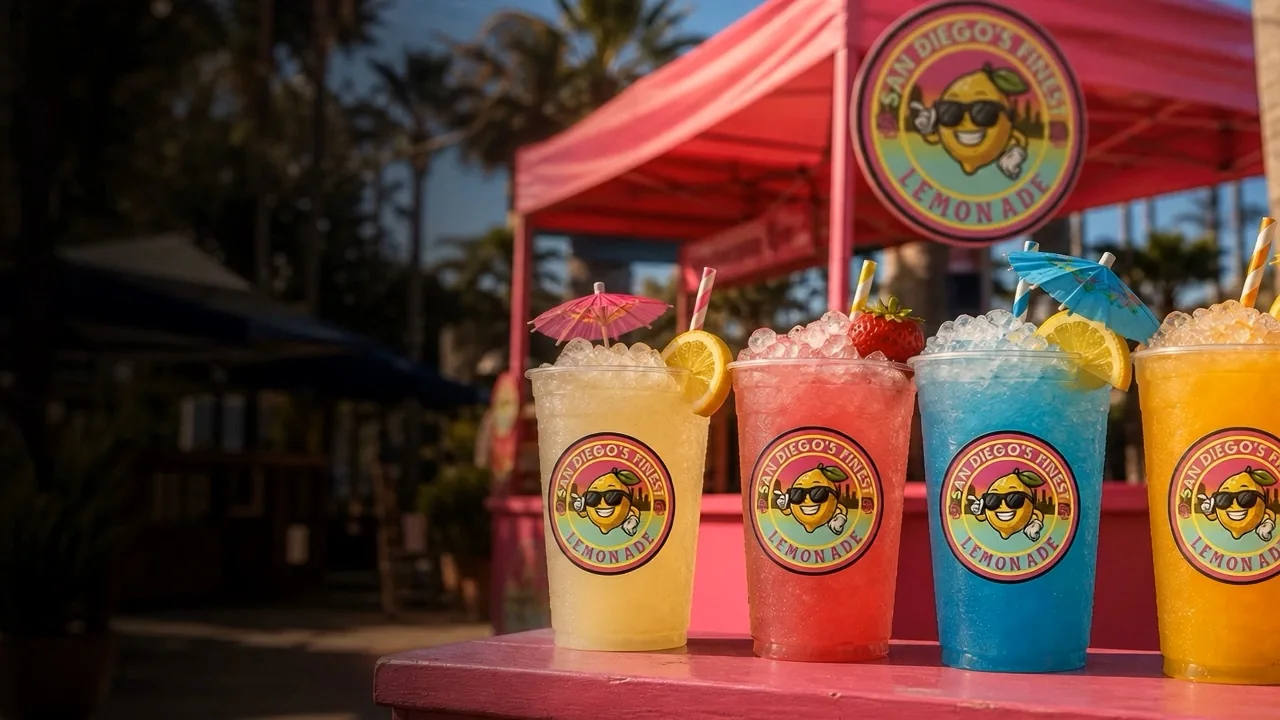 Four colorful branded lemonade cups in front of the pink San Diego's Finest Lemonade booth