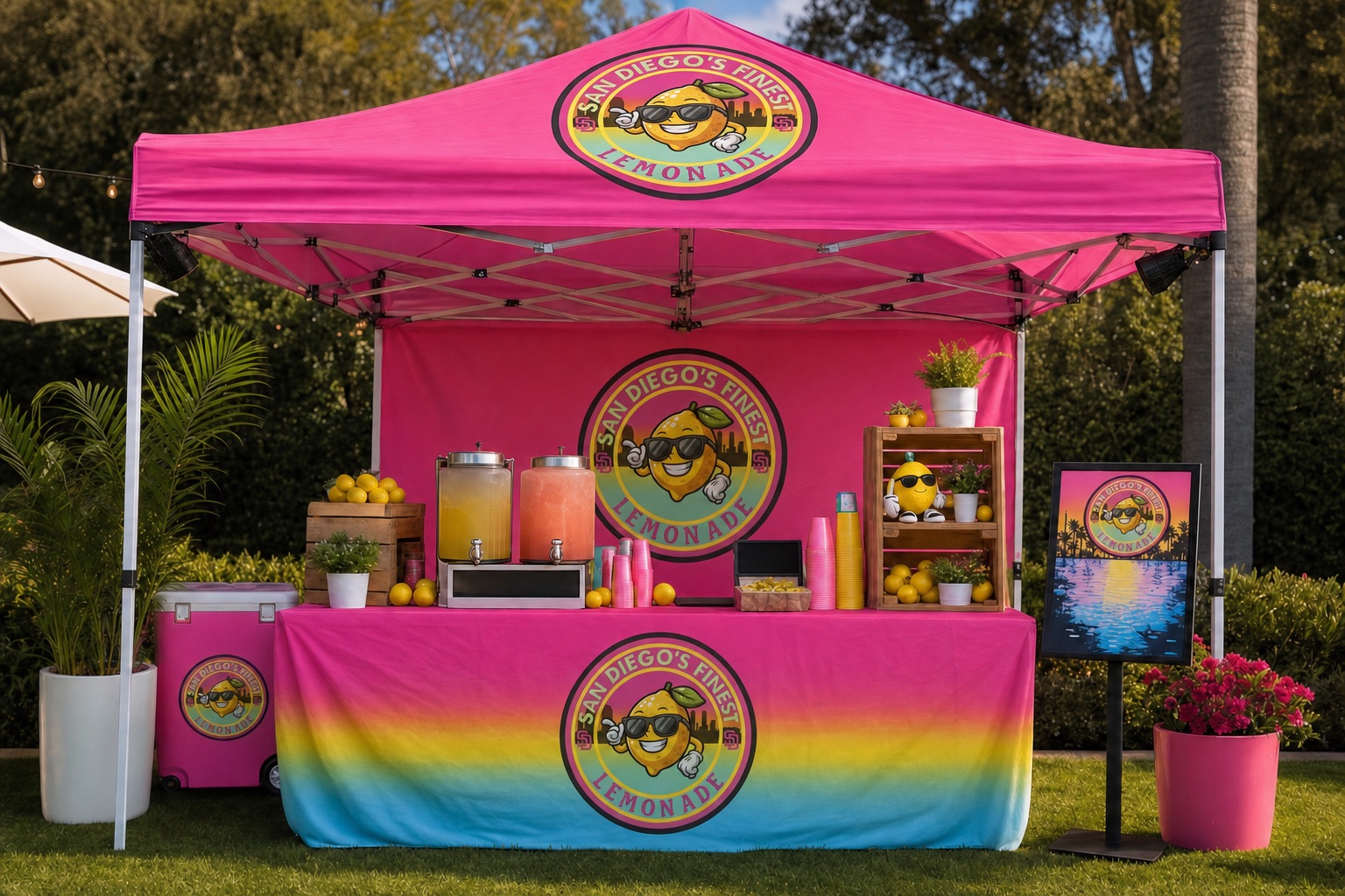 San Diego's Finest Lemonade branded pink pop-up booth ready for an event