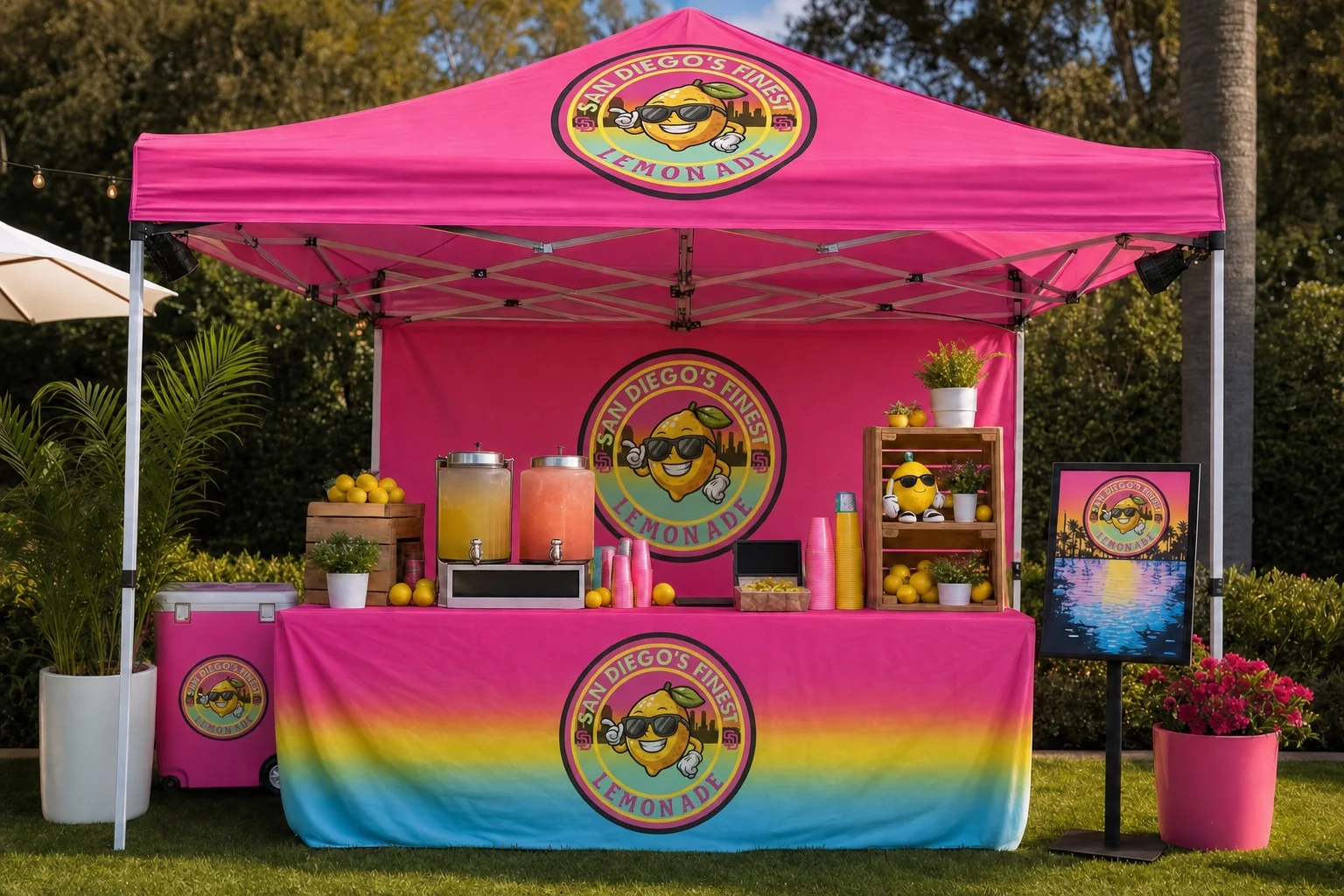 San Diego's Finest Lemonade branded pink booth prepared for a wedding