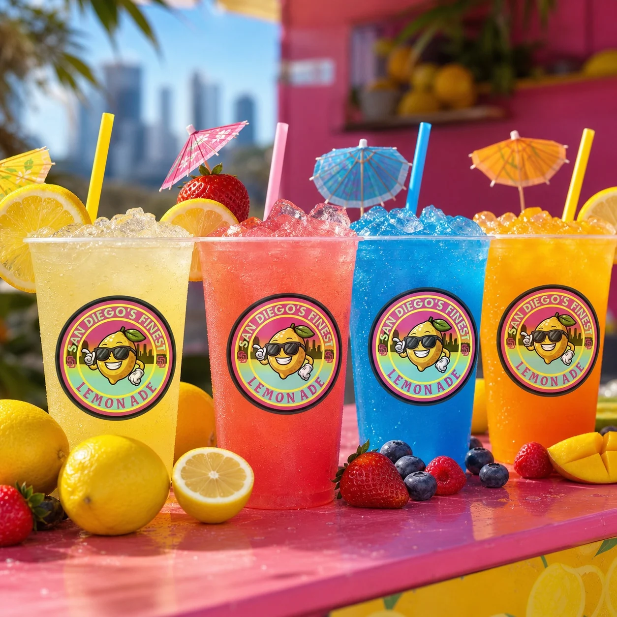 Four colorful San Diego's Finest Lemonade branded cups