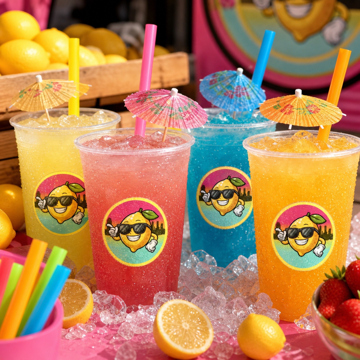 Four colorful branded lemonade cups with fruit and ice