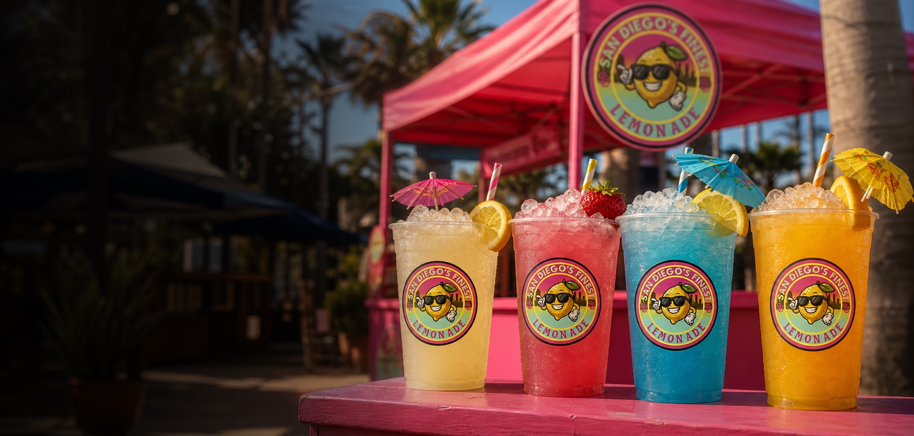 San Diego's Finest Lemonade branded cups at a bright pink San Diego pop-up booth