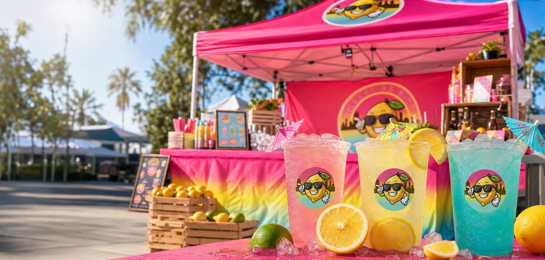 Pink lemonade booth and colorful cups over ice at a San Diego pop-up