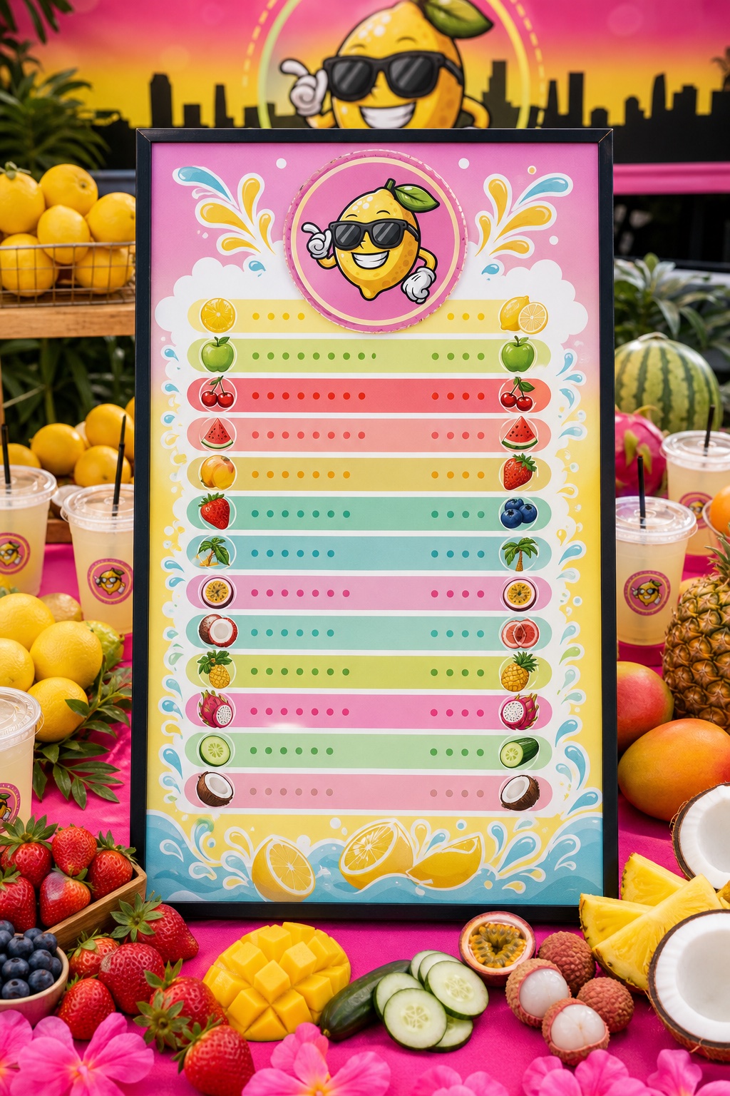 Colorful fruit and lemonade flavor display